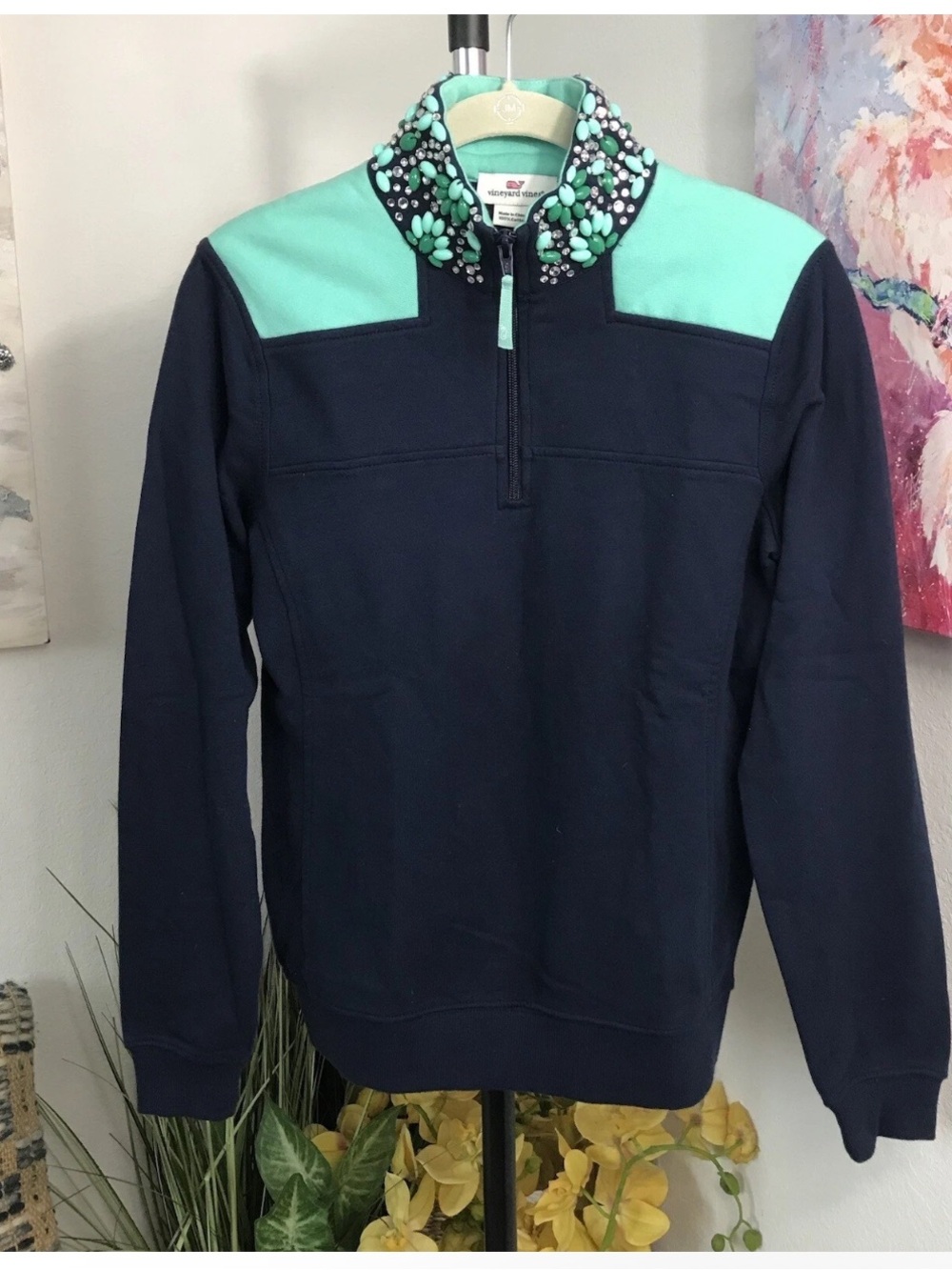 Vineyard Vines Navy Quarter-Zip Sweater with  Accents and Patterned Collar